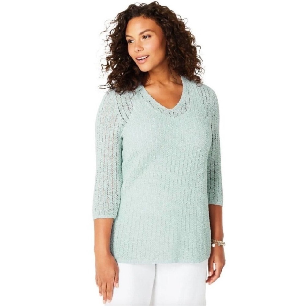NWT J. Jill Textured Crochet Sweater V Neck Aegean Mist Green Size Large